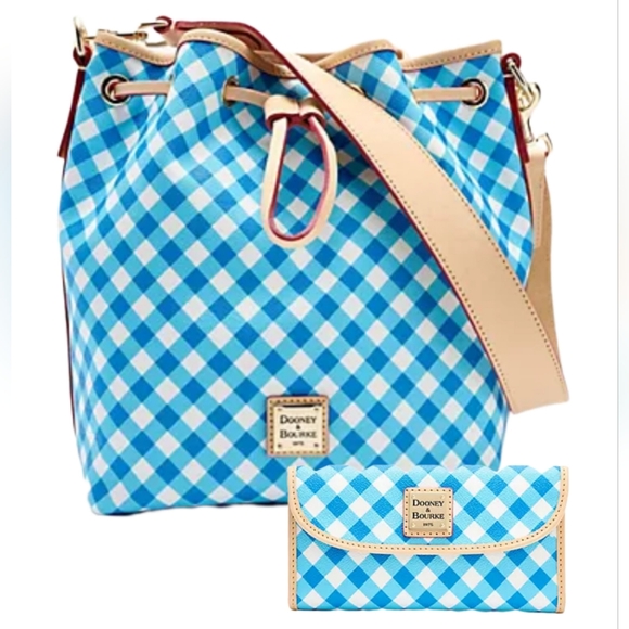 Dooney & Bourke “Kendall” Drawstring Blue Gingham Bag w/Matching Wallet, NWT - Picture 1 of 6